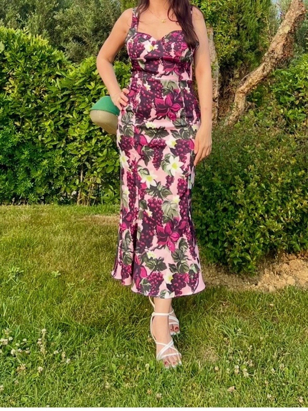 Zara Pink Floral Midi Dress with Purple & Green Accents